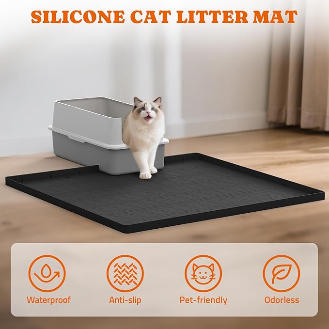Extra Large Silicone Cat Litter Mats, 34" x 22" Waterproof Litter Box Mat, Non-Slip Kitty Litter Mat for Scatter Control, Easy to Clean & Urine-Proof Cat Litter Trapping Mat, Black