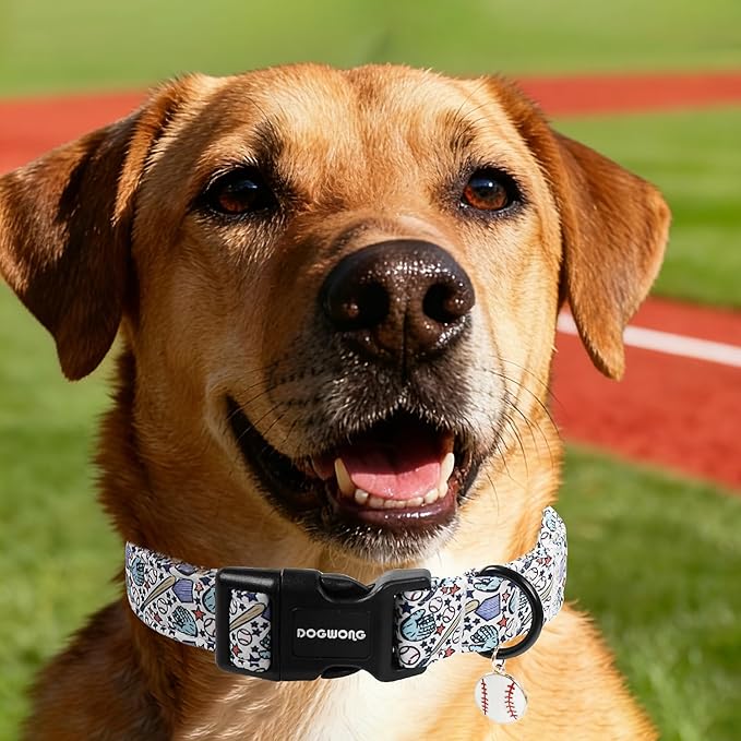 DOGWONG Baseball Dog Collar-Cute Boy Baseball Dog Collar, Adjustable Soft Male Dogs Collars for Large Dogs, XL