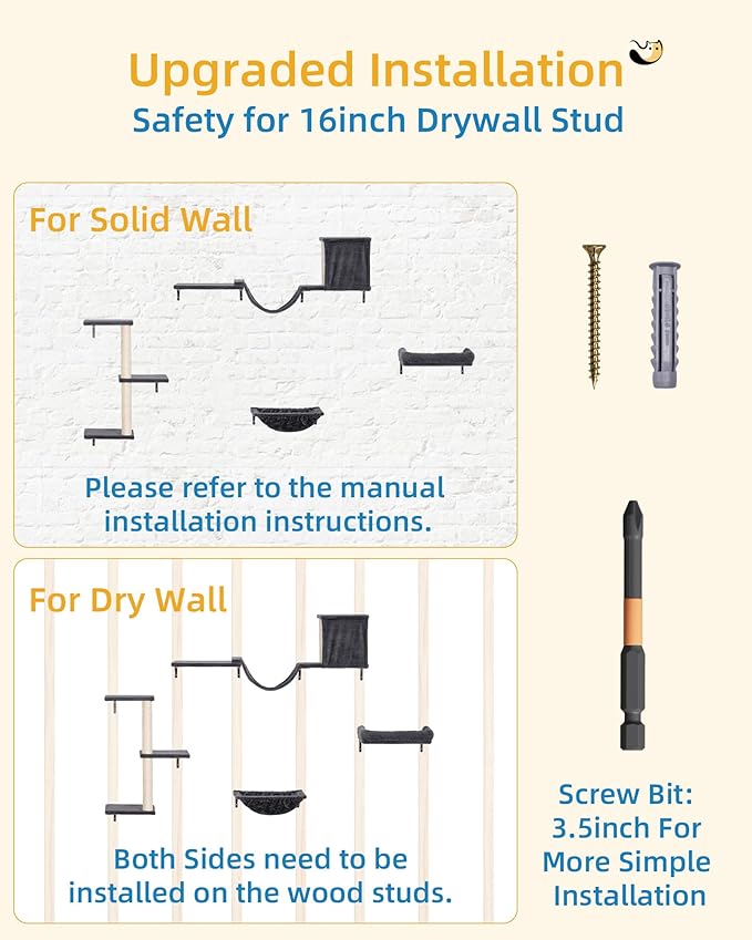 Heavy Duty Cat Wall Shelves for Indoor Cats Large Adult, 17'' Large Hammock and Perch Bed for Wall, 5-in-1 Wall-Mounted Cat Climbing Set for Multi-Room Use