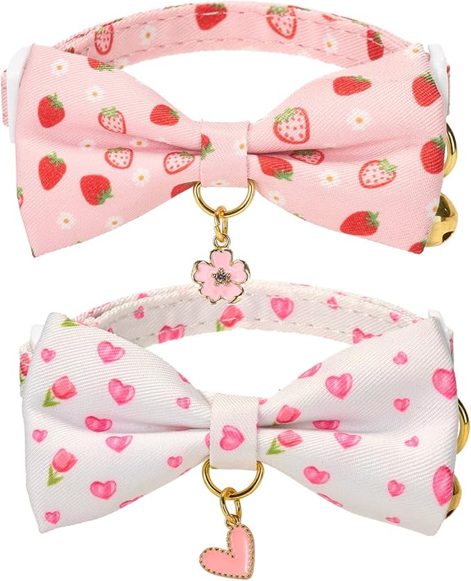 2 Pack Floral Cat Collars with Bow Tie and Bell Adjustable Breakaway Bowtie Cute Kitten Collar(White Heart & Pink Strawberry)