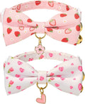 2 Pack Floral Cat Collars with Bow Tie and Bell Adjustable Breakaway Bowtie Cute Kitten Collar(White Heart & Pink Strawberry)