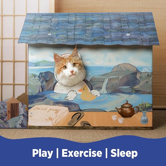 SMILE PAWS Cat Beds for Indoor Cats, Cardboard Cat House with Scratchers, Onsen Hotel, Large Sturdy Cat Furniture Condo Cave Tent, Easy to Assemble Pet Toys Accessories Stuffs, Bunny Small Animals