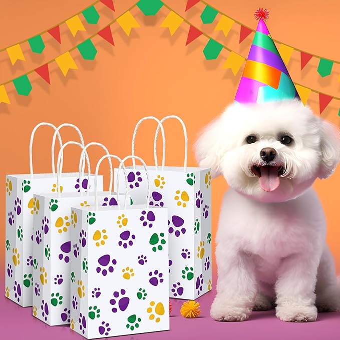 Blulu 20 Pcs Puppy Dog Paw Gift Bags with Paper Twist Handles, Dog Gift Paper Paw Treat Goodie Bags for Pet Treat Party Favor, 6.3 x 3.1 x 8.6 Inch