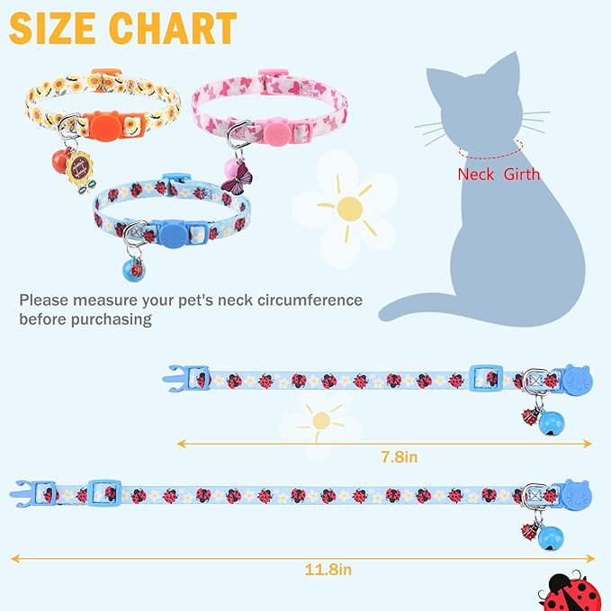 SCENEREAL Breakaway Cat Collar with Bells, 3 Pack Spring Pink Cats Collars with Safety Buckle, Soft Adjustable Cute Kitten Puppy Personalised Summer Collars for Dogs Girl Boy