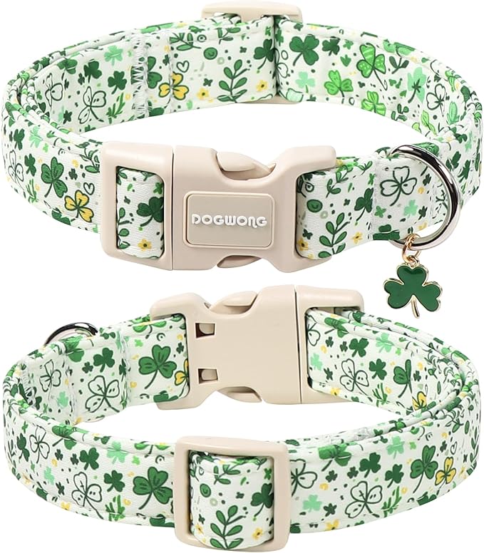 DOGWONG St Patrick's Dog Collar, Green Clover Pet Collar Cotton Holiday Pet Collar Cute Puppy Collar Adjustable Pet Dog Collars for Large Dogs,L