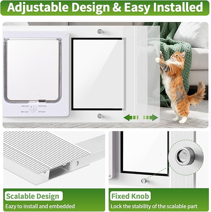 Aluminum Frame Window Cat Door with Magnetic Auto Closure, Horizontal Adjustable Width Quick-Fit Pet Door for Window Insert, Suitable for Most Medium Cats & Small Dogs