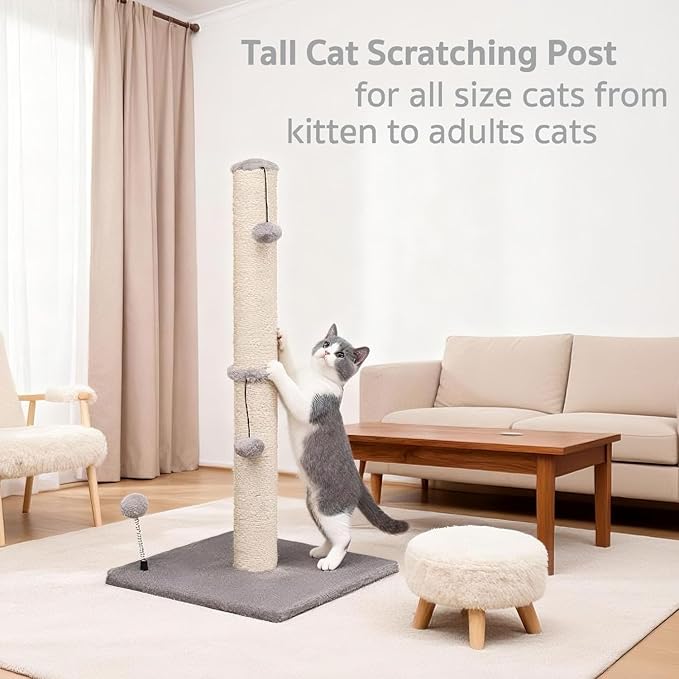 MECOOL 34“ Tall Cat Scratching Post Premium Basics Kitten Scratcher Sisal Scratch Posts Trees with Hanging Ball for Indoor Cats, Gray