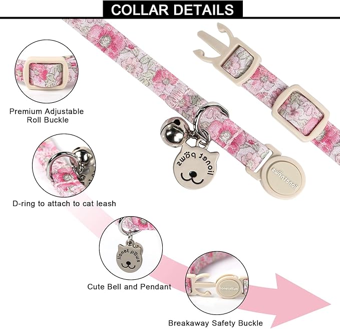 Lionet Paws 2pcs Pack Cotton Cat Collar,Breakaway Buckle with Floral Pattern and Brand Pendant Cute Adjustable Cat Kitten Collar,Ideal for Girl Cats