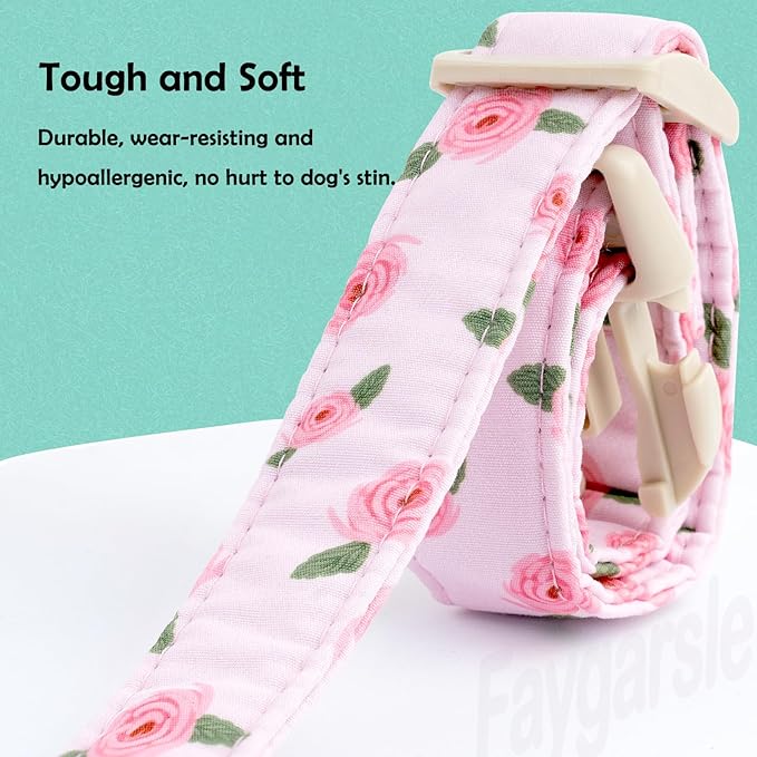 Faygarsle Pink Floral Dog Collar with Roses Pattern, Spring Summer Design for Small Medium Large Dogs M