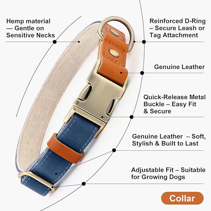 Plutus Pet Genuine Leather & Hemp Dog Collar – Adjustable Heavy Duty Pet Collar with Quick Release Metal Buckle, Soft & Stylish for Puppy and Small, Medium, Large Dogs (Royal Blue, S)