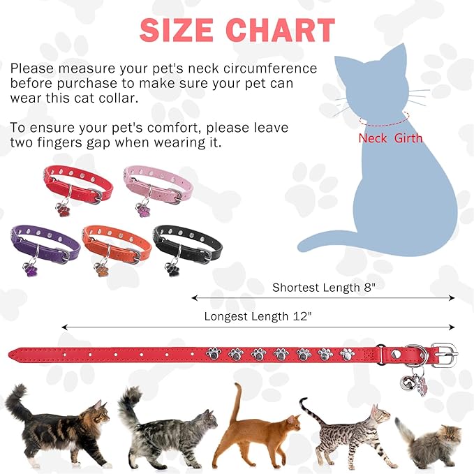 SCENEREAL Cat Collar with Bells, Leather Cat Collars with Paw Studded, Adjustable Pet Collars for Boy Girl Cats,Soft Cute Cat Collar for Kitty Puppy Small Big Cats, Red