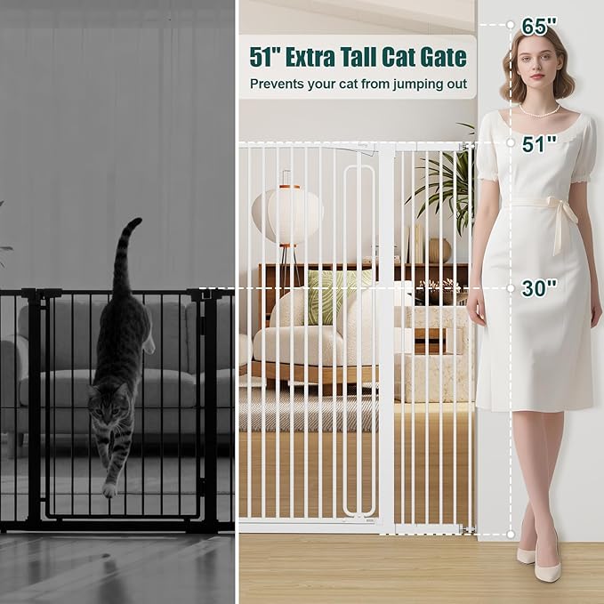 keny 51" Extra Tall Pet Gate, 29.7"-46" Wide Adjustable Cat Gate for Doorway, Hallway, Stairs, Auto-Close & Pressure Mounted, No Drilling, White