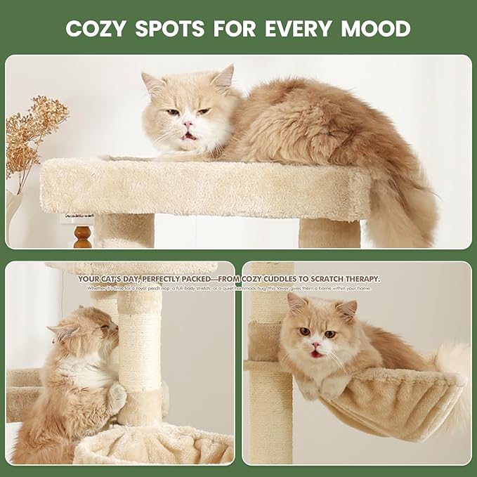 Cat Tree, 50.31-Inch Cat Tower for Indoor Cats, Cat House with Padded Platform Bed, Toy Mouse Ball, Large Cozy Condo, Hammocks and Sisal Scratching Posts for Kittens Play, White
