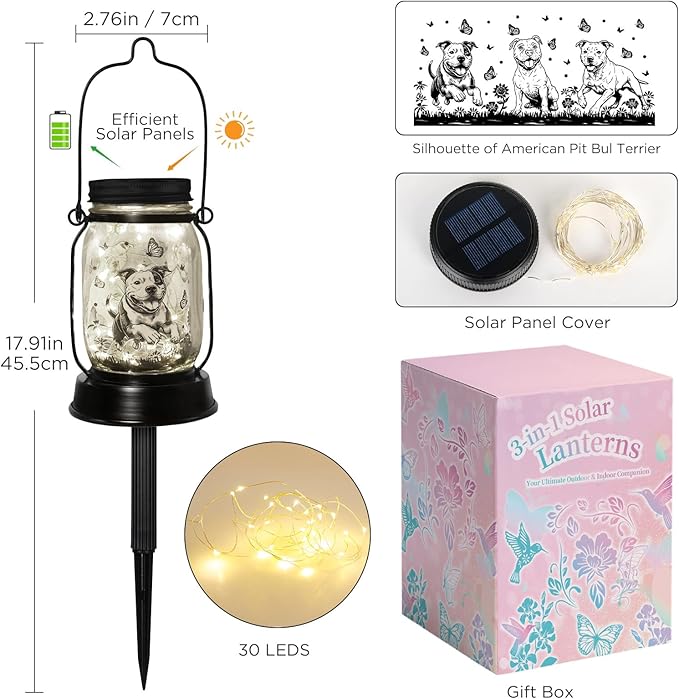 Pit Bull Gifts for Women/Men Pit Bull Solar Lanterns Mom Birthday Pibble Dog Lovers Lantern Pet loss Animal Bully Memorial Lights Solar Garden Decoration for Yard, Patio,Backyard,Porch Torches