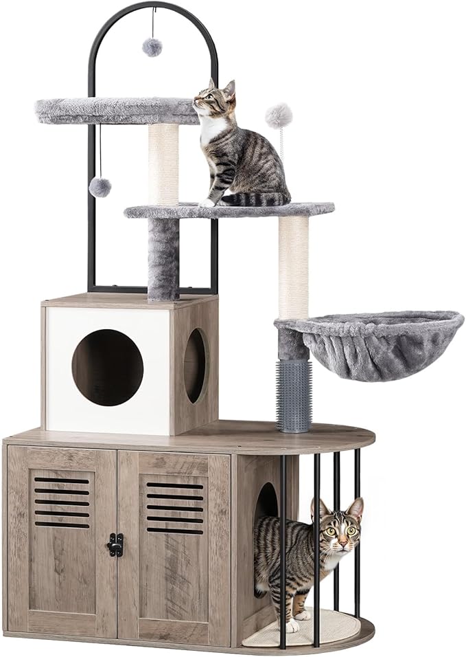 HOOBRO Cat Tree with Litter Box Enclosure, Arched All-in-One 31.5" Cat Tower with Hidden Litter Box Furniture for Indoor Cats, Versatile Cat Condo with Sisal Posts, Hammock, Greige and Gray BG45MZ03