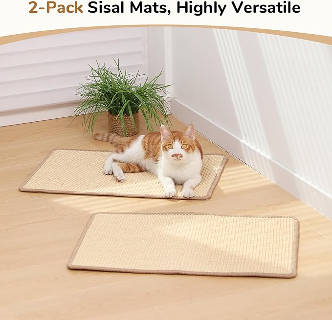 FUKUMARU 2 Packs Cat Scratching Mat, 23.6 x 15.7 Inch Natural Sisal Cat Scratch Pad Mats for Indoor Cats, Horizontal Cats Wall Scratcher Kitten Floor Rug with Sticky Tape, Furniture Protector