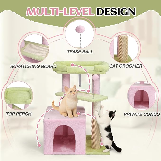 VINGLI Cat Tree, 27 inch Small Cat Tower with Scratching Post and Pad, Cat Condo for Indoor Kittens Padded Top Bed, Cats Indoor Activity Center (Pink & Green)