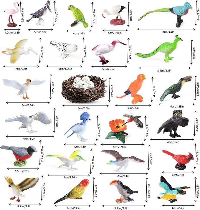 30Pcs Birds Animal Figures Playset,Assorted Realistic Bird Wildlife Toys with Nest Eggs,Parrot,Owl,Eagle,Hummingbird,Flamingo for Kids Educational Birthday Cake Decoration Party Favor School Projects
