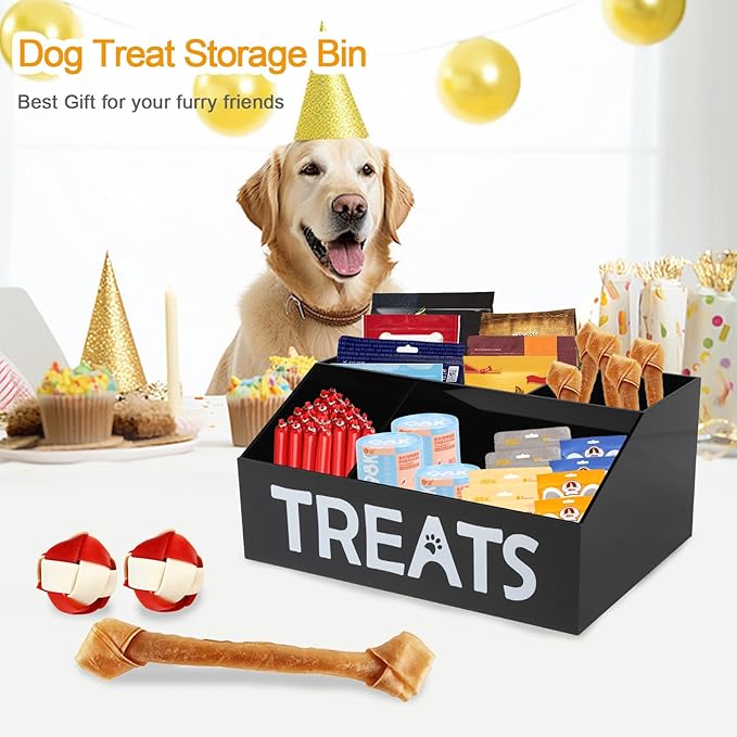 Dog Treat Organizer,4 Compartments Dog Treat Station, Trapezoid Dog Treat Container for Countertop, Cat Treat Storage Bin, Ideal for Dog Cat Bagged Snack or Can Food-Black