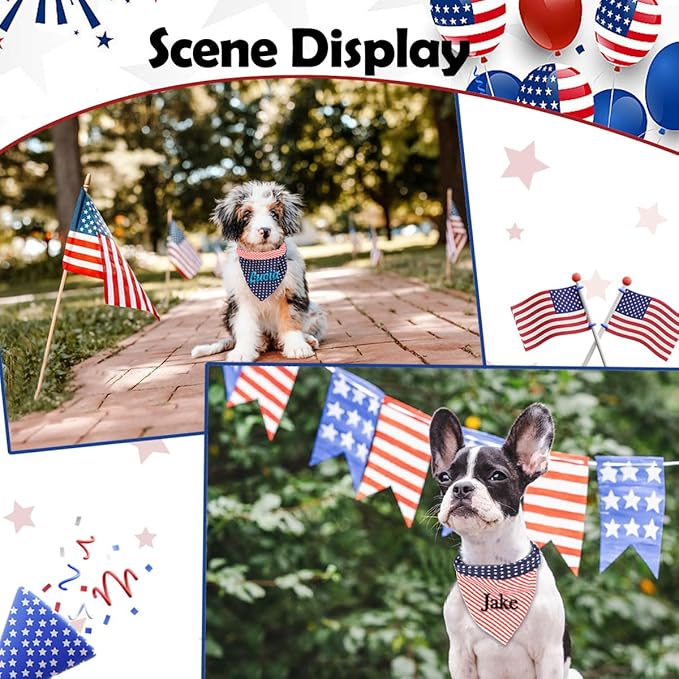 Personalized 4th of July Dog Bandana Embroidered Name Custom Neckwear Dog Scarf for Small Medium Large Dogs Cats Pets Birthday Gift