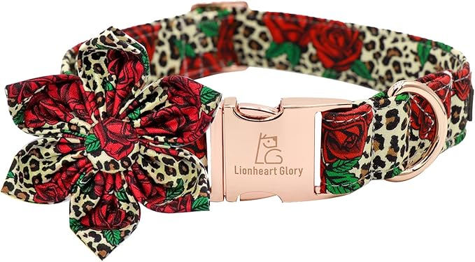 Lionheart Glory Dog Collar, Red Rose Dog Collar with Flower, Cute Floral Pattern Pet Collar Adjustable Dog Collar for Large Dogs