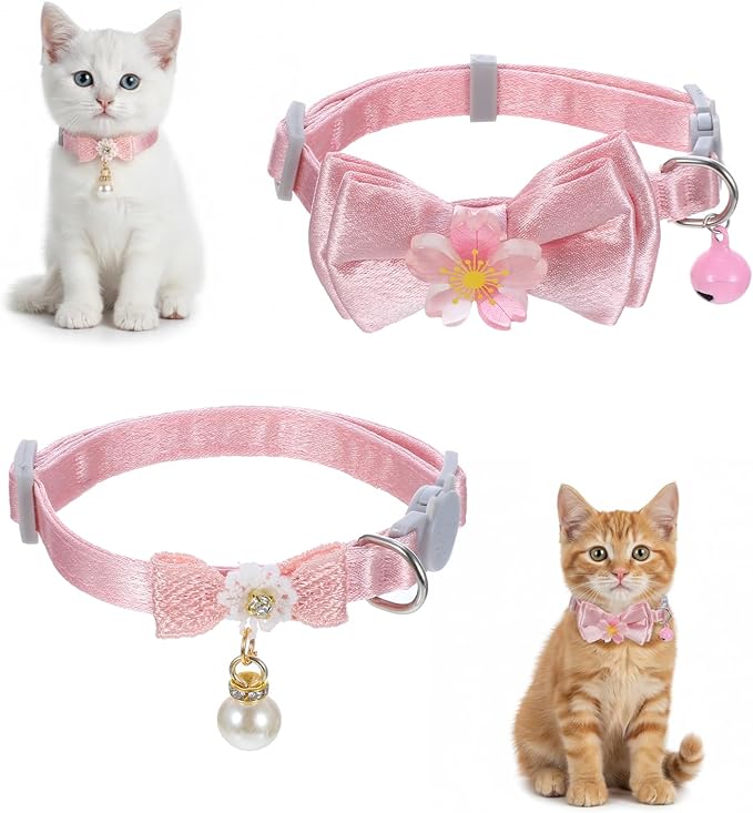Larrel 2 Pcs Pink Cat Collar Bow, Adjustable Comfortable Pearl Cat Collar with Bow Cute Collars for Girl Cats Breakaway Kitten Accessories with Safety Buckle for Preventing Cats from Get Lost