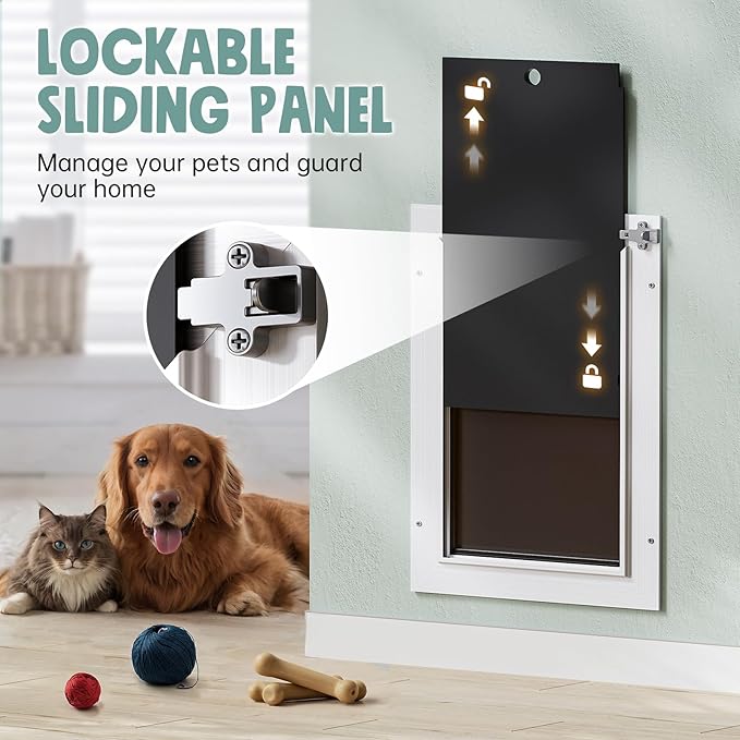 3-Flap Insulated Aluminum Doggy Door for Walls, Heavy-Duty Telescoping Pet Door with Dual Security Locks & Magnetic Flaps, Closing Panel, Medium, Pets Up to 45 LB
