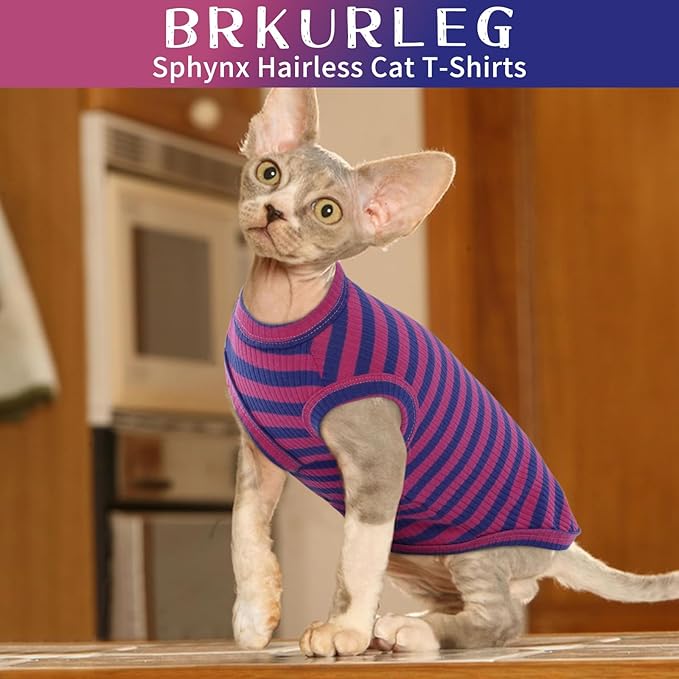 BRKURLEG Sphynx Hairless Cats Shirt Puppy Clothes Soft Cotton T-Shirts Cute Cats Pajamas Cat Stripes Vest Pet Sweater, Round Collar Vest Kitten Shirts(PinkBlue Stripes, XL)