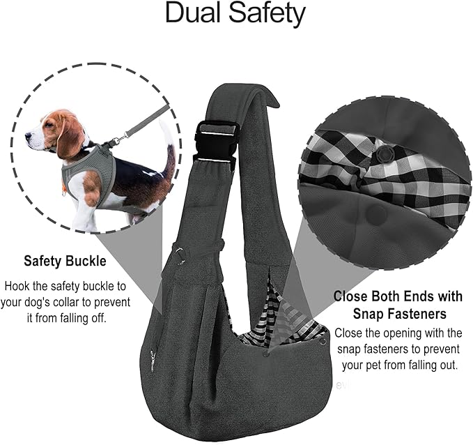 PETLOFT Reversible Dog Cat Sling Carrier, Small Carrier, Adjustable Sling, Hands Free Cross Body Carrier with Collar Hook for Dog/Cat/Bunny up to 11lb (Dark Grey)
