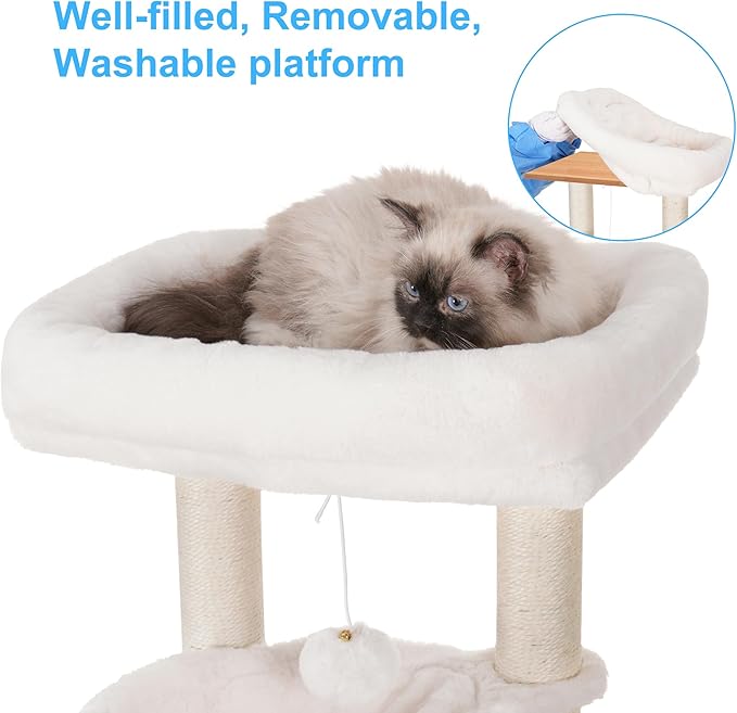 Hey-brother Cat Tree with Litter Box Enclosure, Modern Cat Tower for Indoor Cats with Large Platform, Condo Food Station and 2 Hammocks, All-in-one Cat Furniture, Wood Walnut MPJ115WB