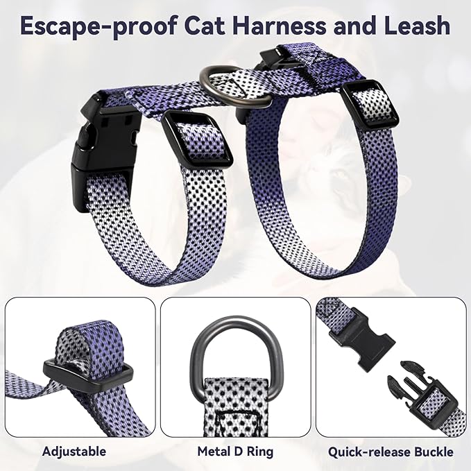 Cat Harness and Leash Set, 3-in-1 Escape Proof Adjustable, Comfortable Soft Lightweight, Safe, Easy to Wear, Walking Travel Kitten Harness for Small Medium Large Cats (Purple)