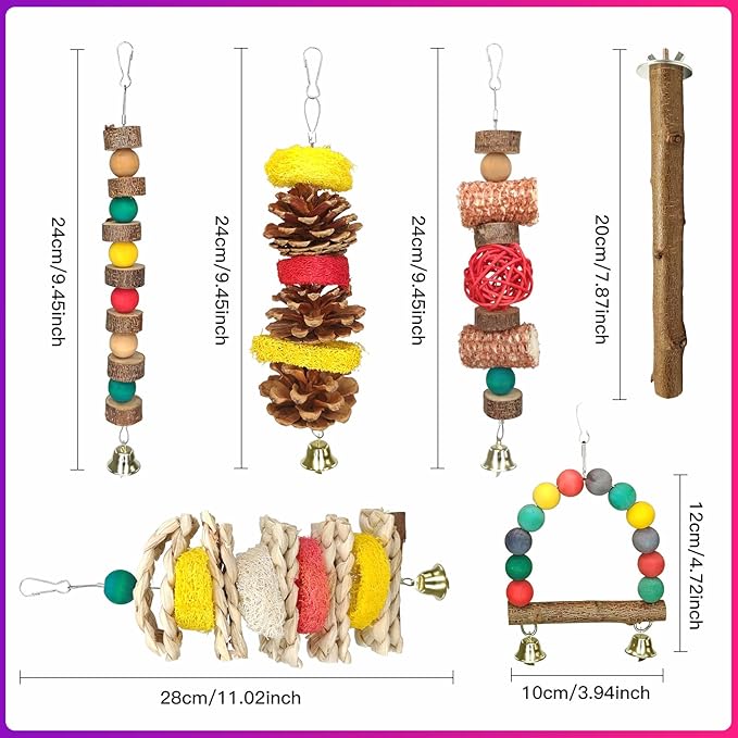 JOREWOOD 7 Pcs Natural Wood Bird Toy & Perch for Parakeets, Cockatiel & Lovebird, Budgie Play Accessory for Small Parrots Indoor Cage