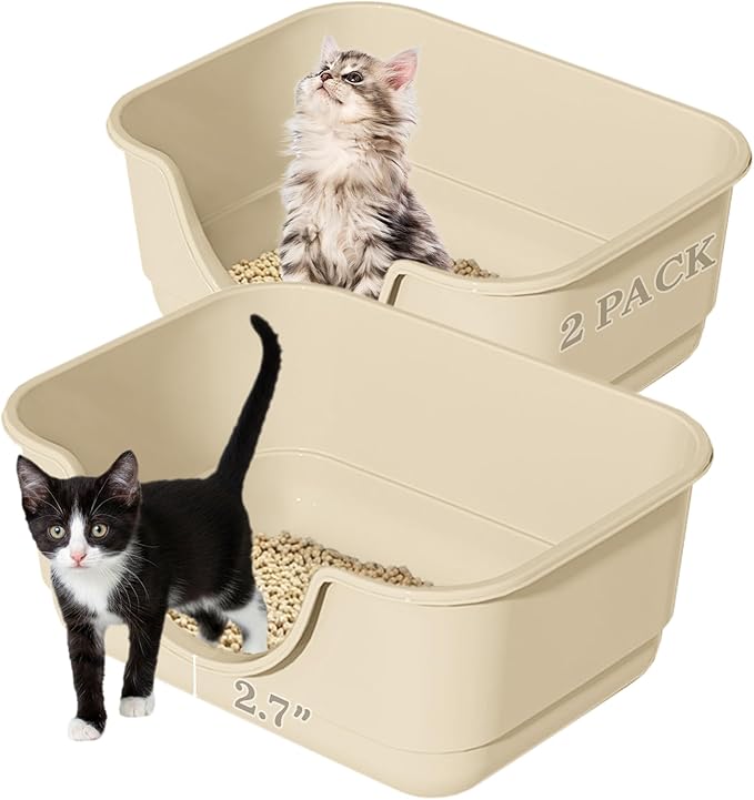2 Pack Low Entry Small Litter Box for Kittens, Kitty Plastic Litter Boxes, Open Top, Anti-Splash High Sided Litter Tray Pan for Medium Pets, Puppy, Easy to Clean, 15.7"L*11.8"W*6.7"H (Beige)