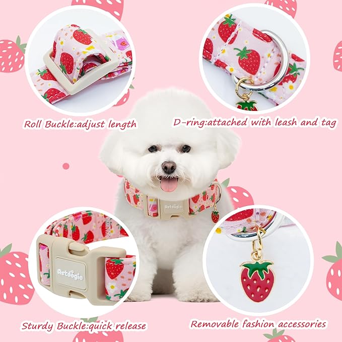 Pink Dog Collar for Small Dogs, Cute Dog Collars Girl Puppy Collar with Strawberry Pattern, Adjustable Cotton Pink Collar Ideal, Daily Photos & Pet Fashion