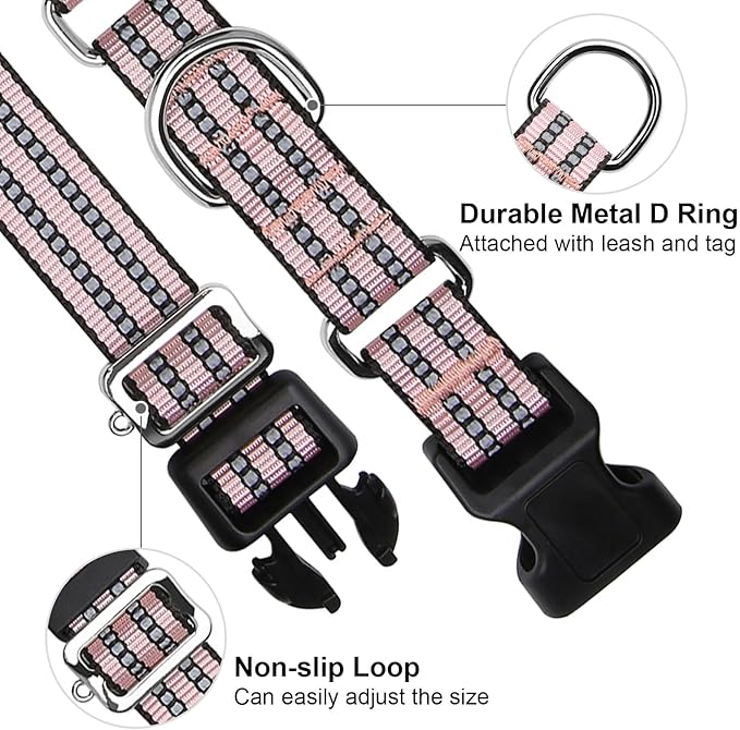 Martingale Dog Collar, Adjustable Nylon Reflective Collar with Quick Release Buckle (Light Pink, Small)