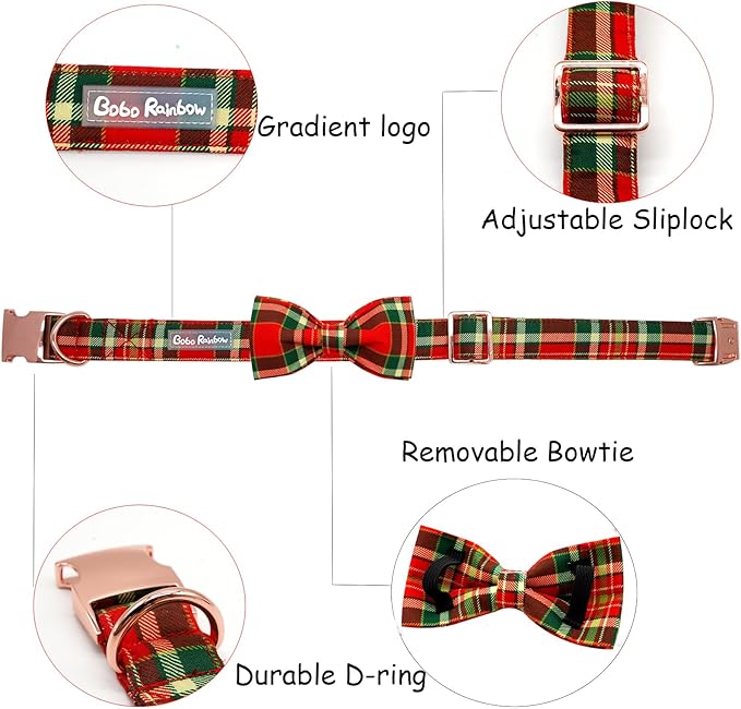 Dog Collar - Christmas Red Plaid Dog Collars Bowtie Gift Soft Bow Collar with Bow Adjustable Metal Buckle Pet Collar for Medium Dogs