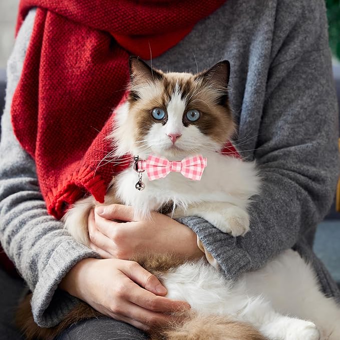 Sliverdew 2 Pcs Kitten Bow Tie Collar with Bell Cute Cat Collar for Girl Boy Cats Breakaway Cat Collars Adjustable Small Puppy Safety Collar Solid Color Plaid Pet Collar (Pink)