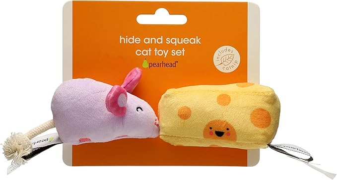 Pearhead Hide and Squeak Teaser Cat Toys, Crinkle and Rope Catnip Mouse and Cheese Plush Set, Playtime Pet Accessory, Must Have Play Accessories
