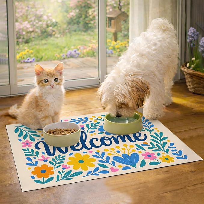 Spring Pet Feeding Mat 24" x 16" Colorful Welcome Floral Design Non Slip Dog and Cat Bowl Mat Easy Clean Pet Food Mats Fast Dry Cat Feeding Mats for Indoor Cats Absorbable Pet Food Pad