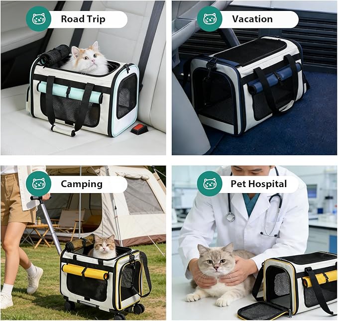 Expandable Pet Carrier with Wheels for Small Dogs and Cats,Airline Approved Rolling Cat Carrier with Removable Platform,18”X11”X14”,Foldable Soft-Sided Travel Bag Fits Under Seat,Up to 16 lbs(Blue)