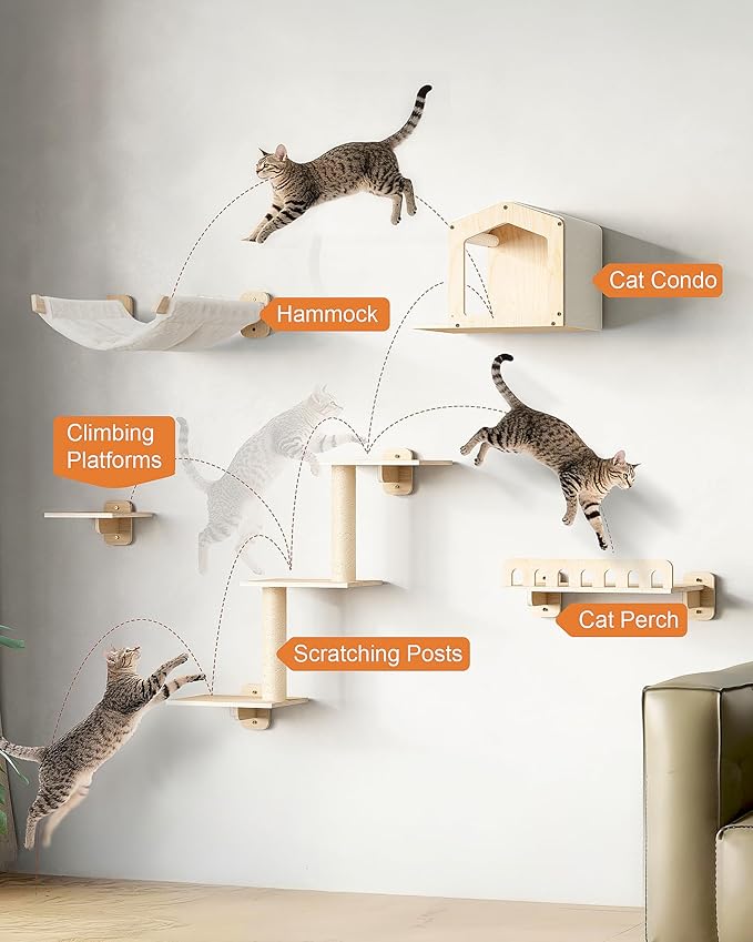 Cat Wall Shelves for Large Cats, 5-in-1 Cat Wall Furniture with Large Hammock and Wide Perch, Wooded Wall Climbing Furniture Set for Indoor Cats
