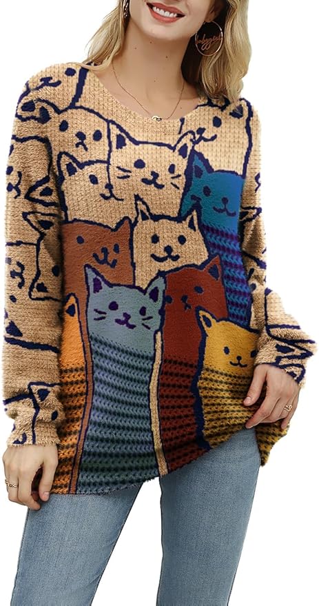 YESNO Women Christmas Sweater Graphic Printed Oversized Pullover Sweaters Casual Loose Knit Tops S01