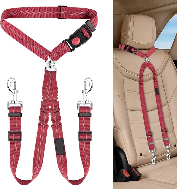 Dog Seat Belt for Car, Dual Pet Vehicle Headrest Restraint Safety Seatbelt,Two Dog Leash No Tangle Dog Car Leash Seat Belt,Duty Adjust Elastic Connect Harness in Vehicle Travel (Red)