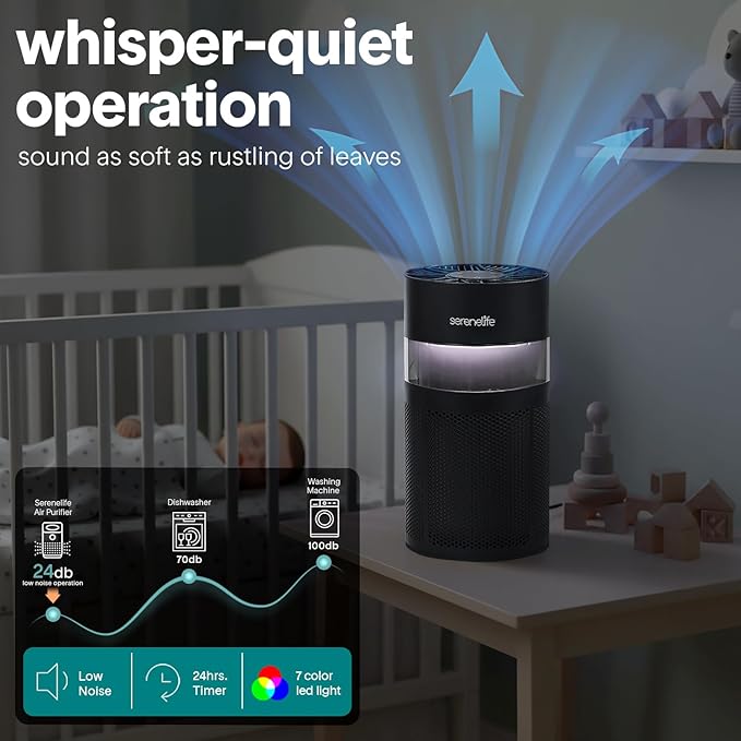 SereneLife Portable Air Purifier - Small Air Purifier with Aroma Box & Ambient Light, High Filtration Efficiency, 2-Speed, Timer & Sleep Mode, Filter Change Reminder, 6 x 6 x 12 in. (Black)