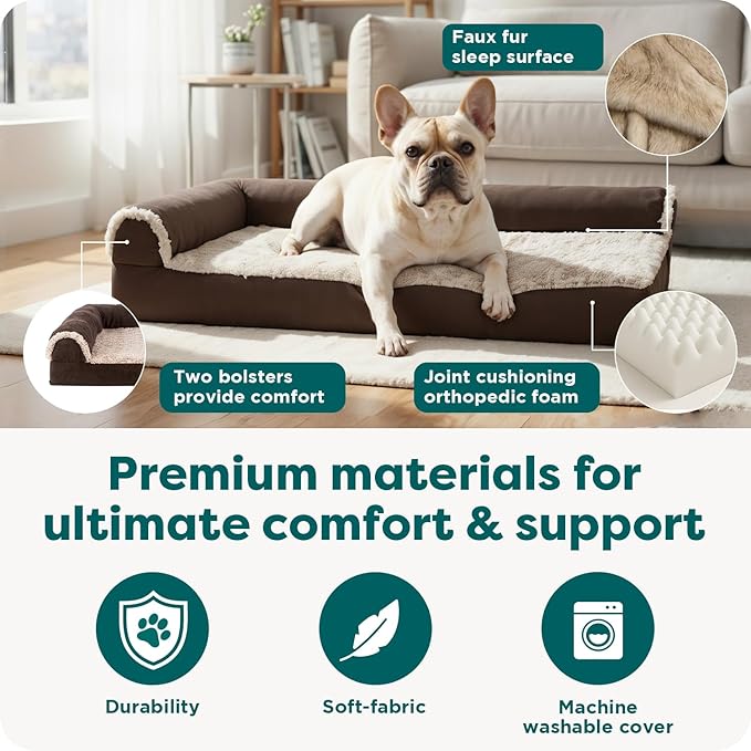 Furhaven Orthopedic Dog Bed for Medium/Small Dogs w/ Removable Bolsters & Washable Cover, For Dogs Up to 35 lbs - Two-Tone Plush Faux Fur & Suede L Shaped Chaise - Espresso, Medium,30"L x 20"W x 6"Th