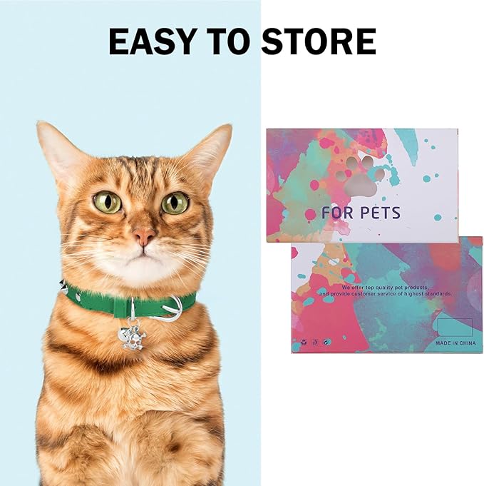Leather Cat Collars for Boy Girl Cats with Bell and Safety Elastic Belt, Personalized Rivets Stud Adjustable Safe Buckle Collar with Skull Charm for Kitty Small Pets, Green