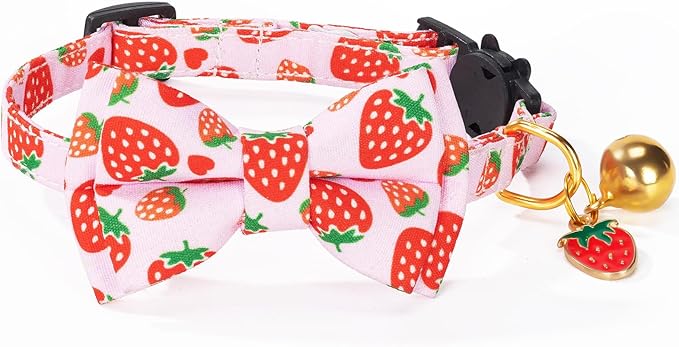 Breakaway Cat Collar with Cute Bow Tie Bell 2Pack Lemon Strawberry Summer Collars for Male Female Soft Cotton Kitty Kitten Collar Cute Cat Collars Ideal for Girl Cats Boy Male Cats