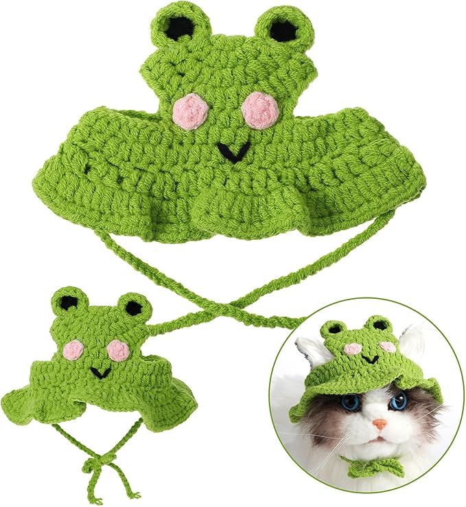 Charming Cat Hat Small Cartoon Themed Knit Cute Cats Bonnet Soft Festive Cats Costumes Halloween Christmas Holiday Party Clothes Head Wear Accessories for Puppy Cat Kitten Dogs Pets Animals (Green)