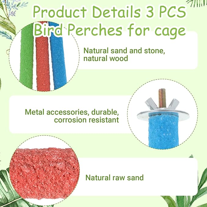 3 Pcs Wood Bird Cage Perch Parrot Perch Stand, Wood Perches Toy Platform Paw Grinding Stick Bird Perches Covers Cage Accessories for Small Medium Birds Like Parakeet Budgies Lovebird Canary (Colorful)