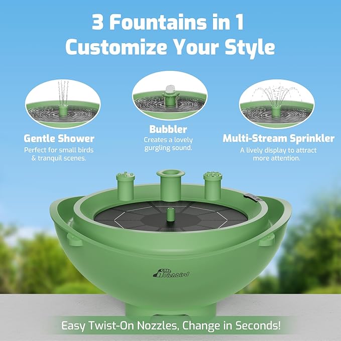 Solar Bird Bath with Fountain and Battery Backup, 3-in-1 Hanging or Freestanding Birdbath, Low-Water Protection & 3 Nozzles for Garden Patio Decor (Forest Green)